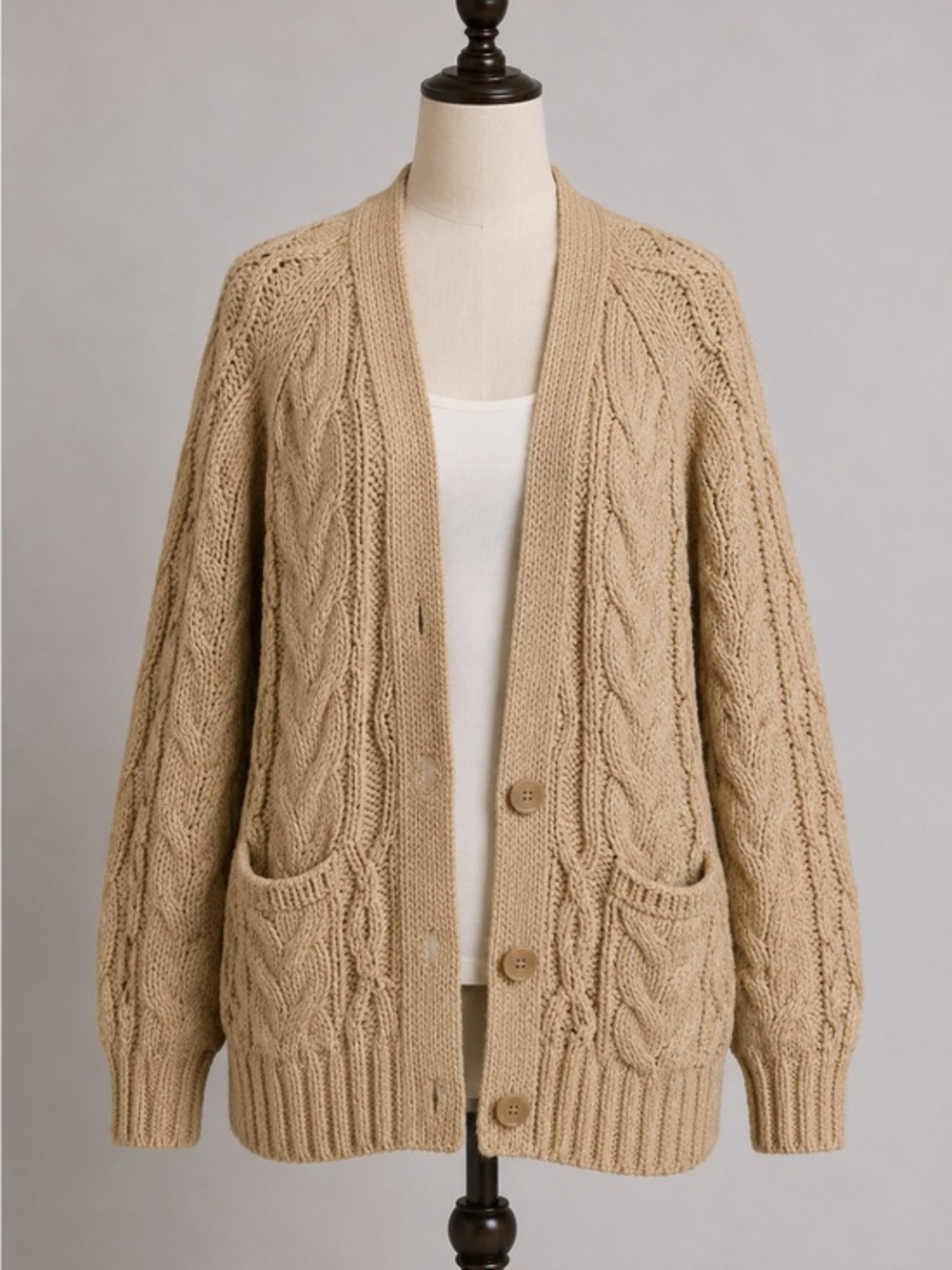 Aerie Beige Chunky Cable Knit Button Front Cardigan Sweater with Pockets